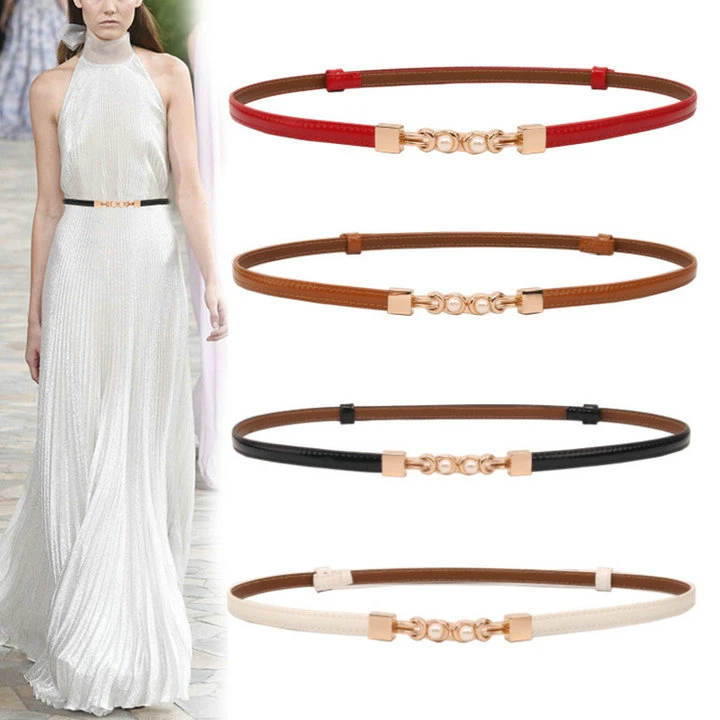 Dress Belt Women&prime;s Summer Decorative Pearl Waist Fashion Belt Leather Thin Belt