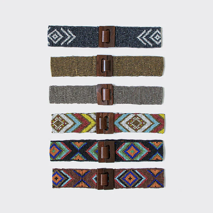 Women&prime;s Handmade Beaded Bohemian Geometric Colorful Elastic Wood Buckle Ethnic Waistband Fashion Belt Custom Waistband
