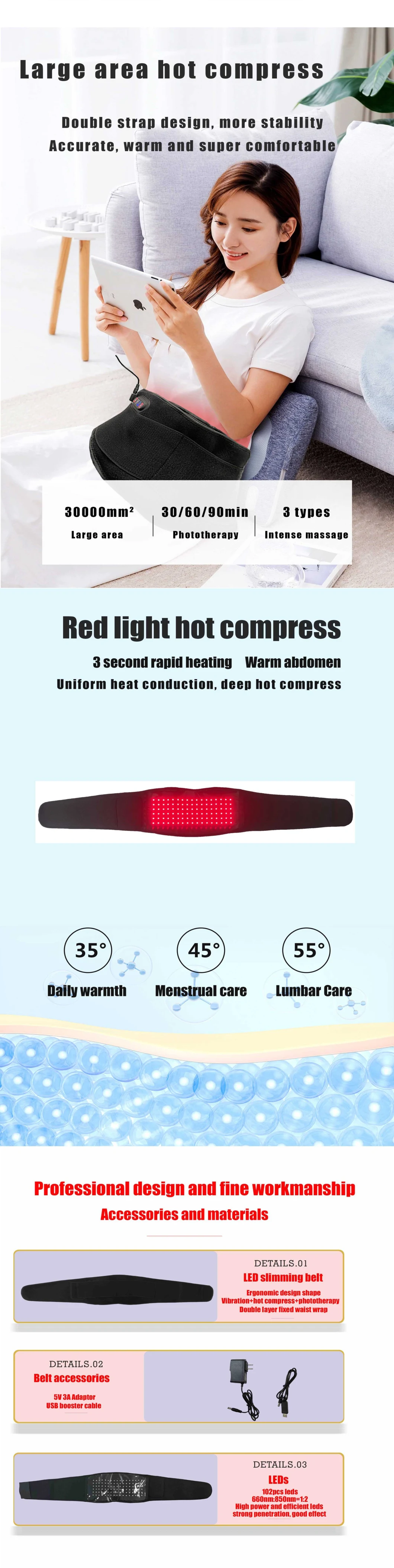 Near Infrared Red Light Therapy Massage Belt 660nm 850nm Waist Belt for Pain Fat Burnning Relief Weight Loss Heat Massage Slimming Belt