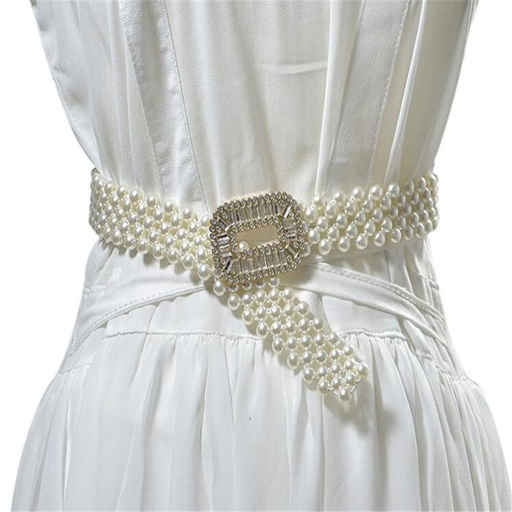 Ladies Fashion Pearl Beaded Elastic Belt Dress