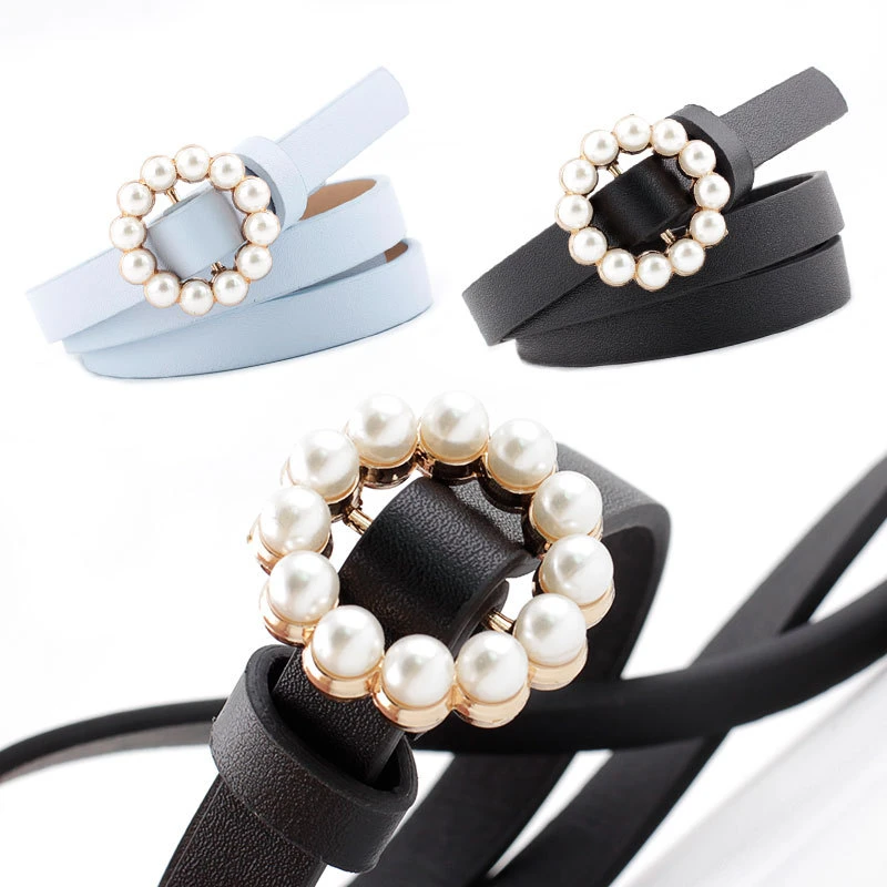 Fashion Accessories Korean Version Candy Color PU Ladies Belt with Pearl Buckle