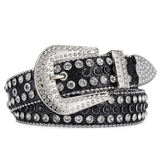 OEM Wholesale Bling Blue Unisex Studded Crystal Diamond Pin Buckle Faux Leather Rhinestone Belt for Women Men