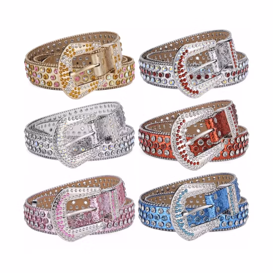 Custom Colorful Diamond Crystal Western Cowgirl Faux Leather Bling Studded Crystal Men Rhinestone Belt